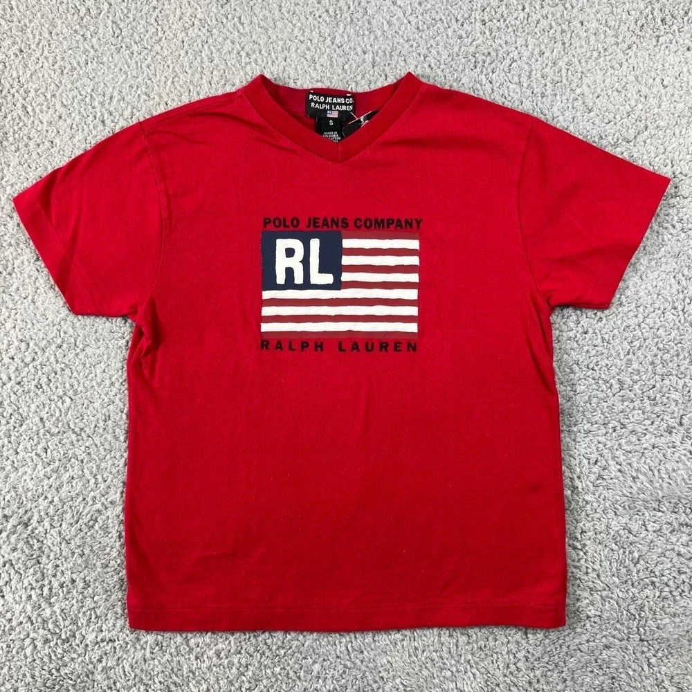 Polo Jeans‎ Co Ralph Lauren Kids Red V-Neck T-Shirt US Size S VTG NWT